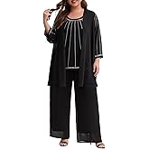 Plus Size Mother of The Bride 3 Piece Pantsuit Elegant Chiffon Rhinestone Embellished Outfit for Wedding Guest Formal Party