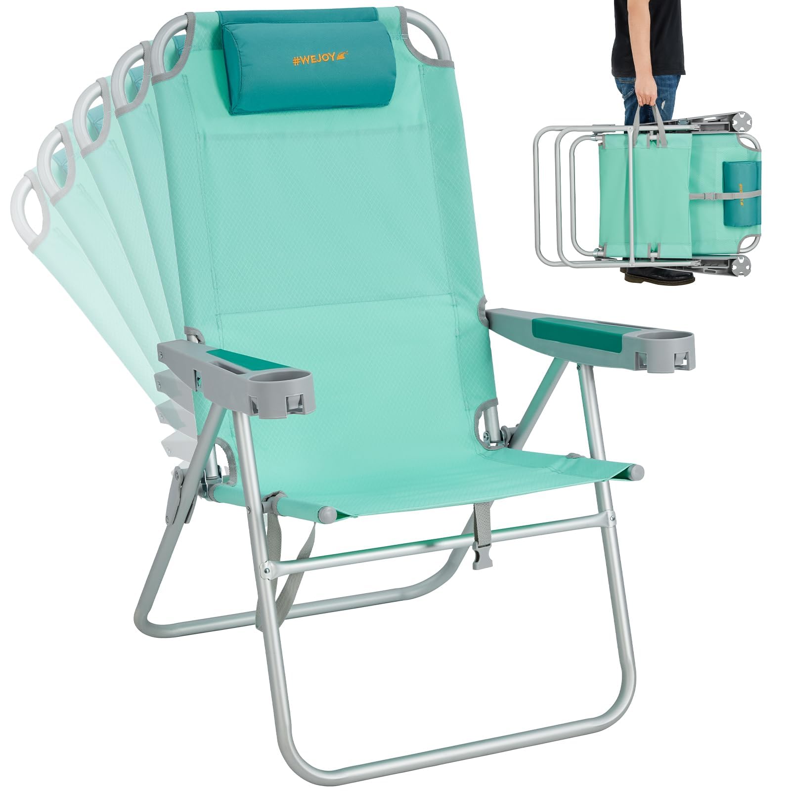 View 1 of #WEJOY Ultralight Beach Chairs for Adults Aluminum HeavyDuty Folding Reclining Beach Chair with 5 Positions for Outdoor Lawn, Support 300LBS Camping Chair with Headrest, Bottle Opener