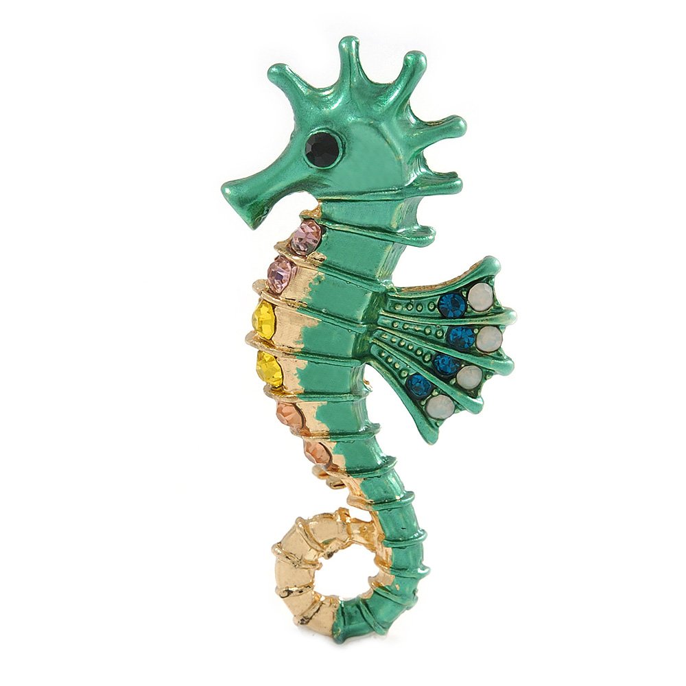 Bright Green/Gold Enamel Crystal Seahorse Brooch/Pendant in Gold Tone Metal - 50mm Tall