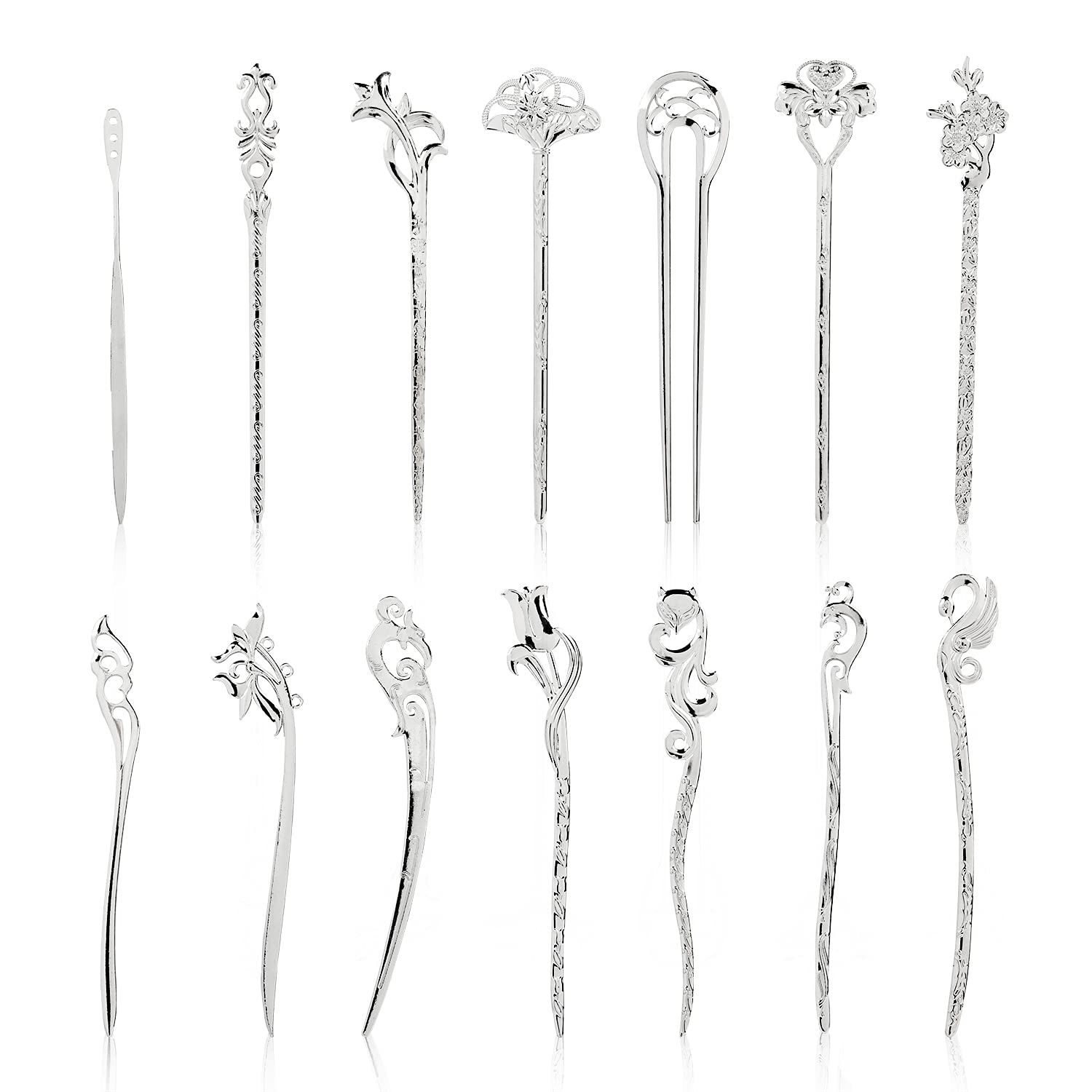14 Pack Retro Chinese Japanese Silver Metal Hair Sticks Pins Picks Long Straight Decorative Bun Hair Fork Hairpins Chopsticks Clips Barrettes for Women Girls Adults