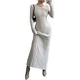 MakeMeChic Women's Sweater Dress Long Sleeve Tie Back Rib Knit Going Out Maxi Dress