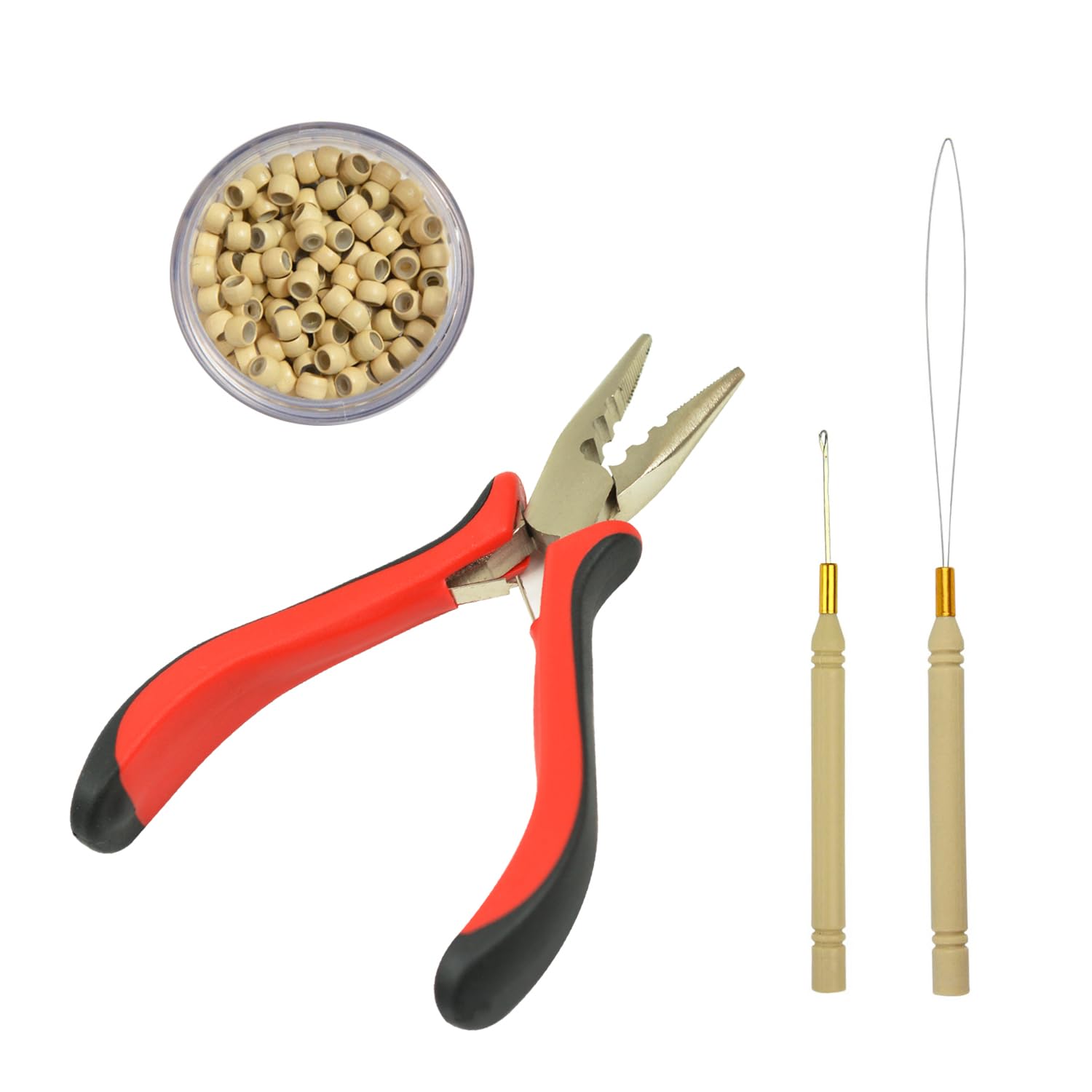 3-Hole Hair Extensions Pliers Tool Kit Hair Pliers Pulling Hook Bead Device and 200 pcs Silicone Lined Micro Rings (3mm Blonde)