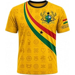 Ghana Football Jersey, Yellow Gold Soccer Shirt with Adinkra Symbols, National Coat of Arms, Flag Stripe & Number 57