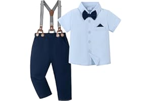 ZOEREA Boys Clothes Formal Suit Gentleman Wedding Outfit Short Sleeve Shirt with Bow Tie and Suspender Pants 2-10 Years