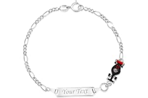 UNICORNJ 925 Italy Sterling Silver Child or Baby Name Bracelet Girls Boys, Personalized Engraved Kids ID Bracelets, 6.5" Figaro Chain, Enamel Charm Newborn Infant Toddler Kid Jewelry