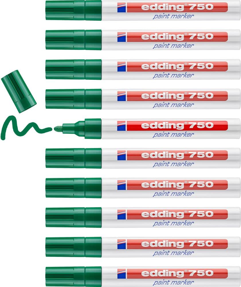 edding 750 paint marker - green - 10 pens - round tip 2-4 mm - paint marker for marking and labelling metal, glass, rocks or plastic - heat-resistant, permanent, smudge-proof and waterproof