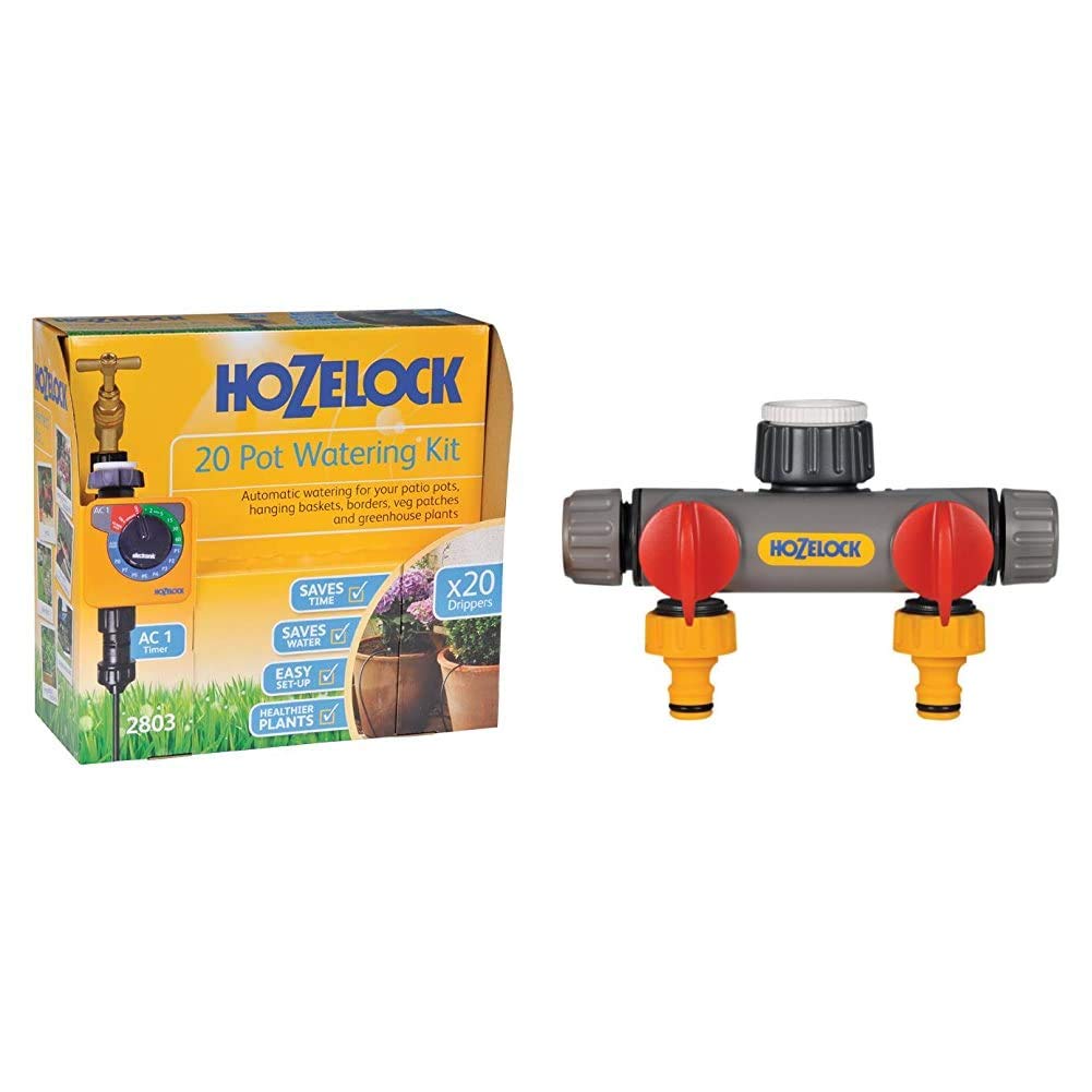 Hozelock Ltd 20 Pot Watering Kit Including AC1 Timer which Has 13 Pre-set Programs to Supply Water From Once Per Day, to Up to Four Times a Day & 2-Way Tap Connector
