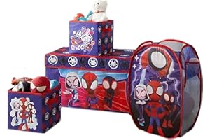 Idea Nuova Marvel Spidey and His Amazing Friends 4 Piece Room Solution Storage Set,Toy Organizer, Collapsible Bins & Hamper for Kids Bedroom or Playroom