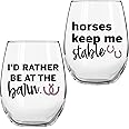 Horse Gifts for Horse Lovers - “Horses Keep Me Stable” “I’d Rather Be At The Barn” 17Oz 2PC Stemless Wine Glass Set, Colored - Funny Horse Gifts For Women - Horse Cup/Tumbler for Horse Lovers
