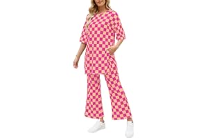 OPEMIBY Women 2 Piece Outfits Casual Checkered Half Sleeve Pullover Top and Wide Leg Pants Matching Lounge Set Tracksuit