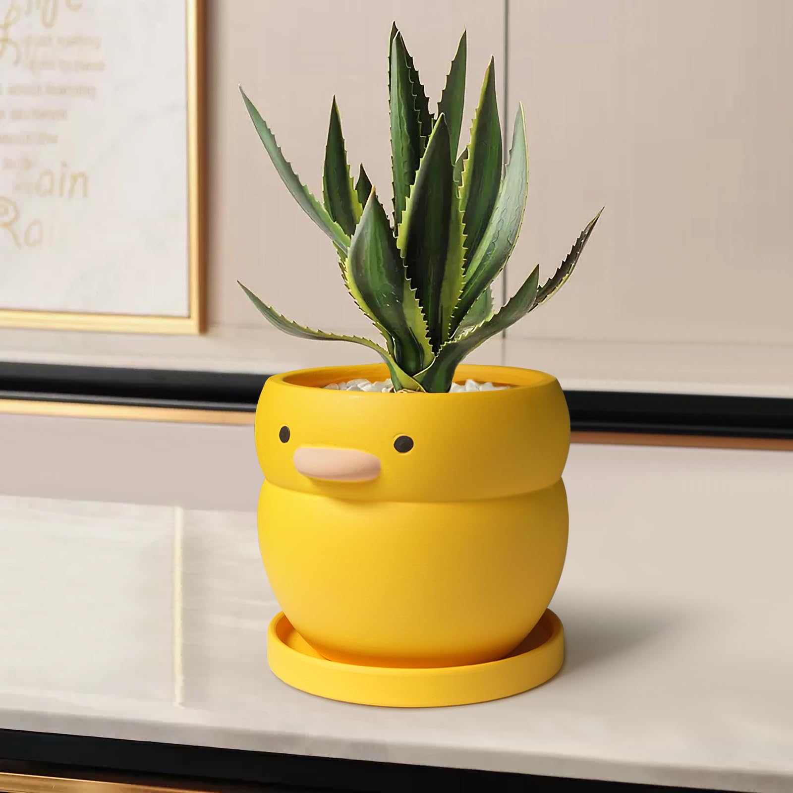 Photo 1 of GeLive 6 inch Yellow Duck Plant Pot Ceramic Planter with Drainage Tray Indoor Plants Succulent Pot Tabletop Organizer Decor Pen Holder Cartoon Statue Unique Gift
