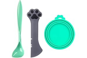 TiLanmiy Pet Food Can Cover Lid and Spoon Set, Silicone Can Topper and Multifuctional Mini Spatula Pet Can Opener, Plastic Spoon for Dogs Cats Feeding (J)