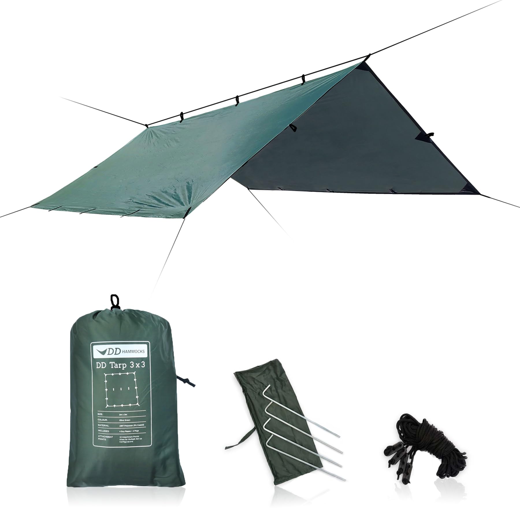 DD Hammocks - DD Tarp 3x3 - Olive Green - Lightweight, 100% Waterproof Tough Shelter with Pegs & Guy Lines for Camping Bushcraft & Hiking