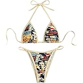 WDIRARA Women's 2 Piece Graphic Bikini Set String Triangle Thong Swimsuits High Cut Bathing Suits