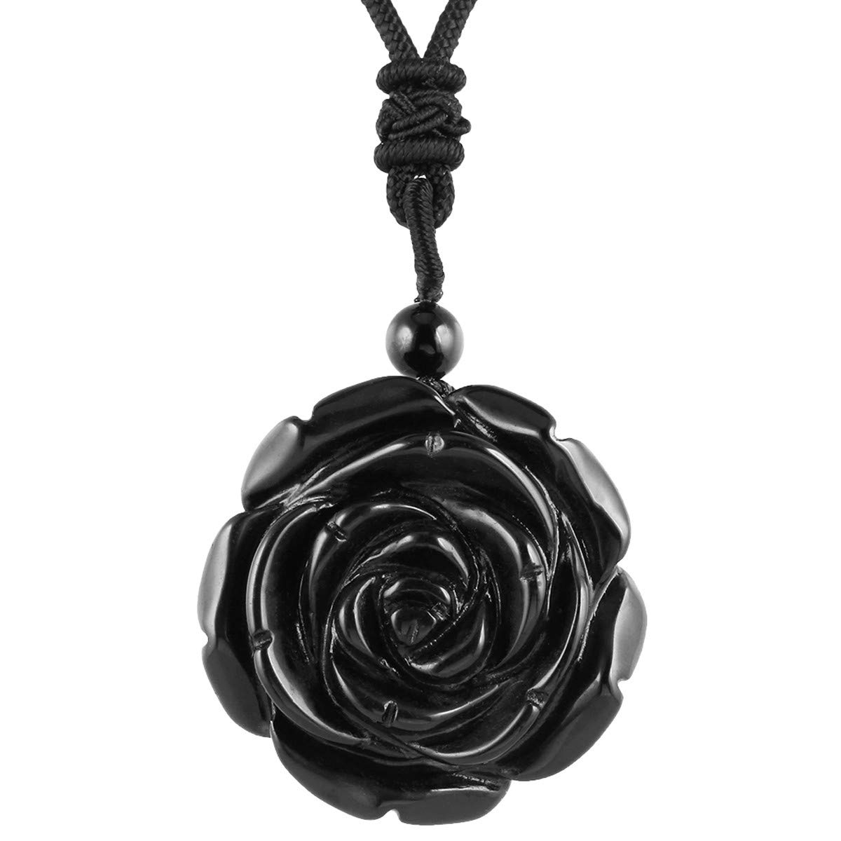 Nupuyai Obsidian Carved Stone Crystal Flower Pendant Necklace for Women, Energy Healing Pendant with Adjustable Cord 68cm