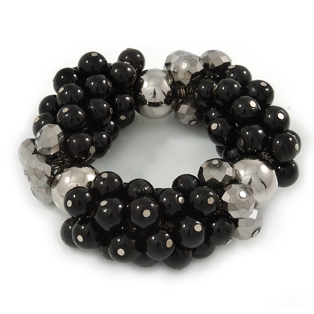 Avalaya Chunky Black Ceramic, Grey Crystal Bead Flex Bracelet - up to 18cm L