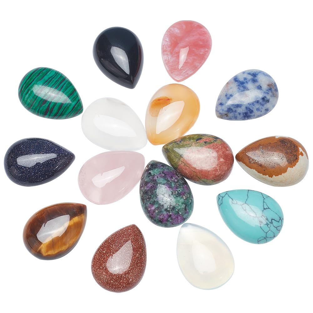 PH PandaHall 15pcs Gemstone Cabochons Sets Jewellery Cabochons Teardrop Cabochons Flatback Gemstones for Jewellery Making DIY Crafts, 25x18x6mm