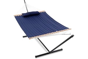 Gafete 55Inch Extra Large Hammock with Stand Included 2 Person Heavy Duty Outside Cotton Double Hammocks with Hardwood Spreader Bar and Pillow for Outdoor, Max 475lbs Capacity (Navy)