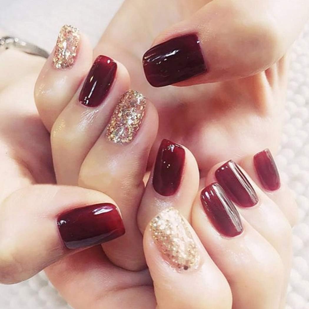 Handcess Square Wine False Nails Short Glitter Press on Nails Glossy Acrylic Art Full Cover Fake Nail for Women and Girls(24Pcs)