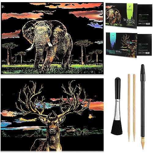 2 PACK Animal scratch art rainbow painting paper, Engraving Art & Craft Sets, Creative foil scratch art toys gift, DIY sketch card scratchboard for Kids & Adults - 16'' x 11.2'' (Elephant / Deer)