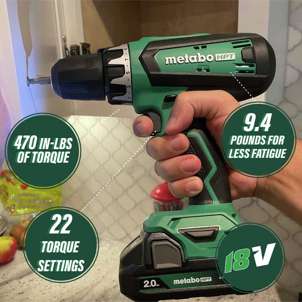 Metabo HPT 18V Cordless Drill Driver Kit, 1/2-Inch Keyless Chuck, Compact Power Drill Driver with 2.0Ah Lithium-Ion Metabo Battery, Charger and Bag, Powerful 470 in-lbs Torque, Two Speed Gear, DS18DFX