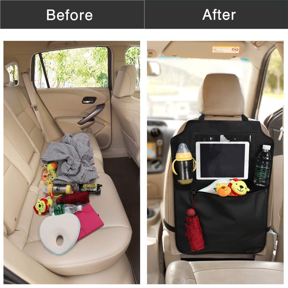 Flysea Car Backseat Organizer, Kick Mats Car Seat Protector, Kids Backseat Organizer Garbage Can with Touch Screen Tablet Holder and Storage Pockets for Toys Book Bottle Drinks Toddlers Baby, 2 Pack
