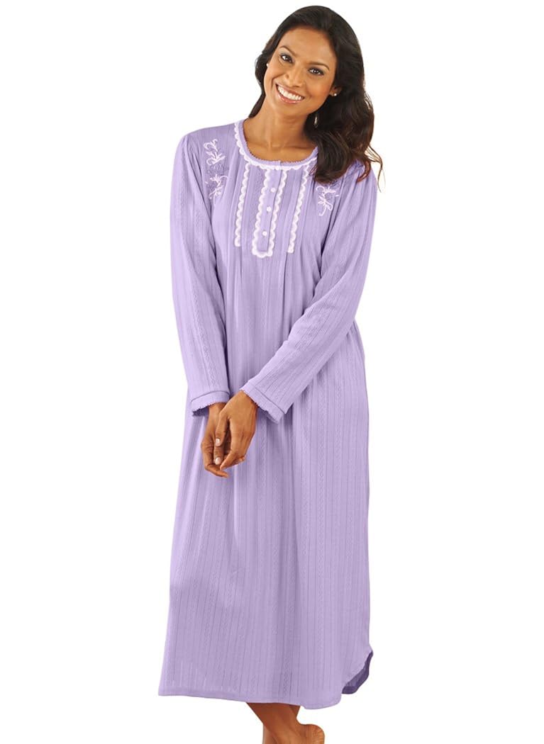 AmeriMark Embroidered Knit Nightgown for Women Long Sleeve Long Length Nightgowns & Sleepshirts