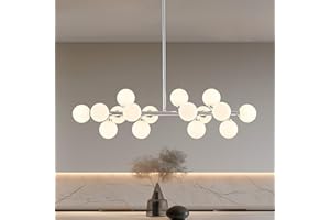 PiWWPi Glass Globe Sputnik Chandelier, 16-Light Mid Century Modern Light Fixture Over Table, Linear Chandeliers for Dining Room, Kitchen Island, Chrome and Milk White Bubble, 40 Inch, GC-02