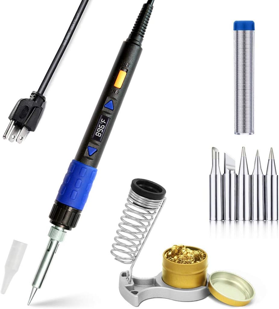 65W 110V 194-896℉(90-480℃) Electric Soldering Iron Kit Welding Tool LCD Digital Soldering Gun with ON/OFF Switch, Brass Tip Cleaner, Aluminum Stand, 5 Soldering iron tips, Soldering wire, US Plug