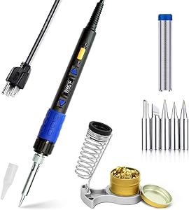 65W 110V 194-896℉(90-480℃) Electric Soldering Iron Kit Welding Tool LCD Digital Soldering Gun with ON/OFF Switch, Brass Tip Cleaner, Aluminum Stand, 5 Soldering iron tips, Soldering wire, US Plug