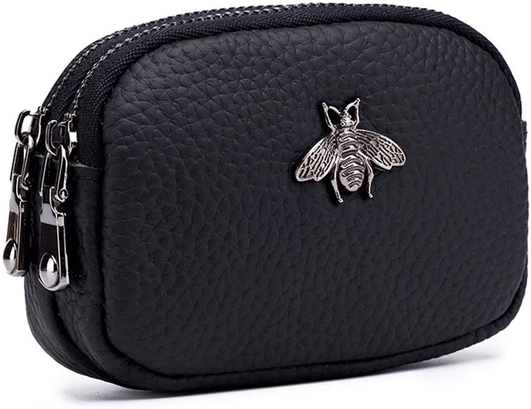Women's Genuine Leather Coin Purse - Genuine Leather Double Zipper Coin Purse Bee Card Holder Coin Bag Mini Simple Cute Coin Pocket for Ladies Female (Black)