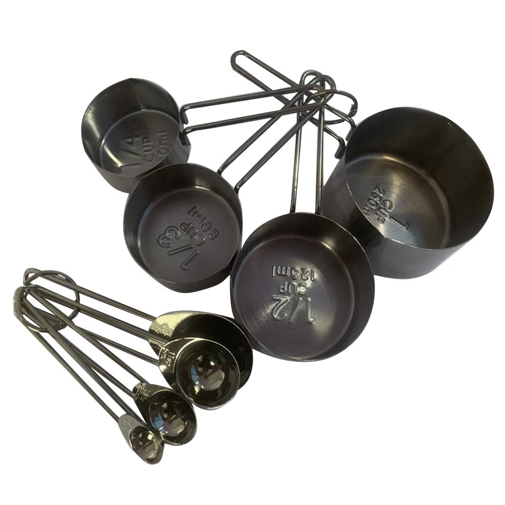 8 Pcs/Set Stainless Steel Measuring Cups and Spoons Sets of 8 Engraved Measurements Stackable for Kitchen Baking Cooking (Black)