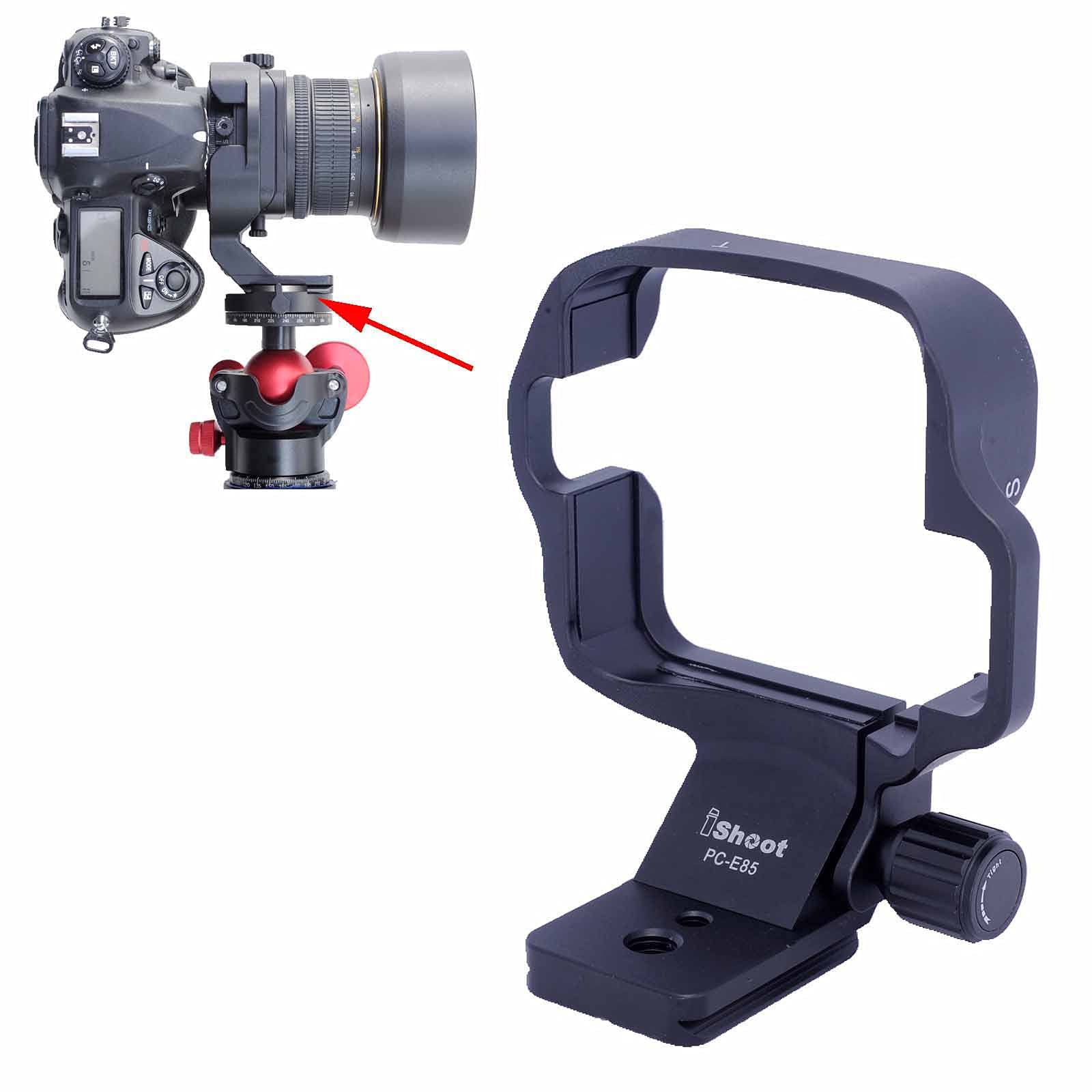 iShoot Lens Collar Support Bracket, CNC Tripod Mount Ring for Nikon PC-E Micro NIKKOR 85mm f/2.8D Tilt-Shift lens, Built-in Arca-Swiss Type 46mm Quick Release Plate for Arca Fit Tripod Ball Head