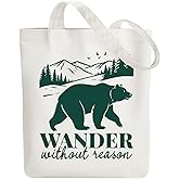 ANATTASOUL Canvas Tote Bag Bears and Mountains Reusable Cotton Bag for Women, Durable Cloth Shoulder Bags with Zipper Pockets for Shopping, Vacation, Work, Gym