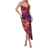GORGLITTER Women's Mesh Ruched Bodycon Birthday Midi Dress Tie Dye Asymmetrical Party Going Out Wedding Guest Dresses