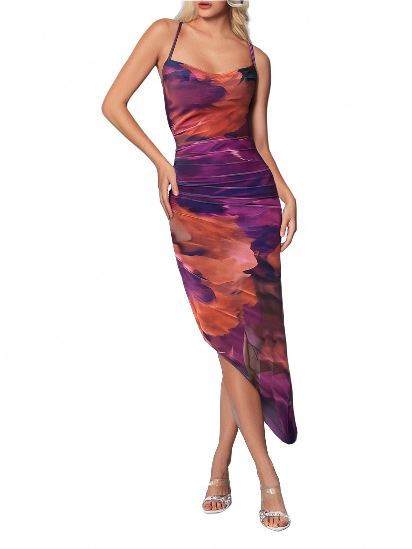 Photo 1 of GORGLITTER Women's Mesh Ruched Bodycon Birthday Midi Dress Tie Dye Asymmetrical Party Going Out Wedding Guest Dresses Multicolor X-Large