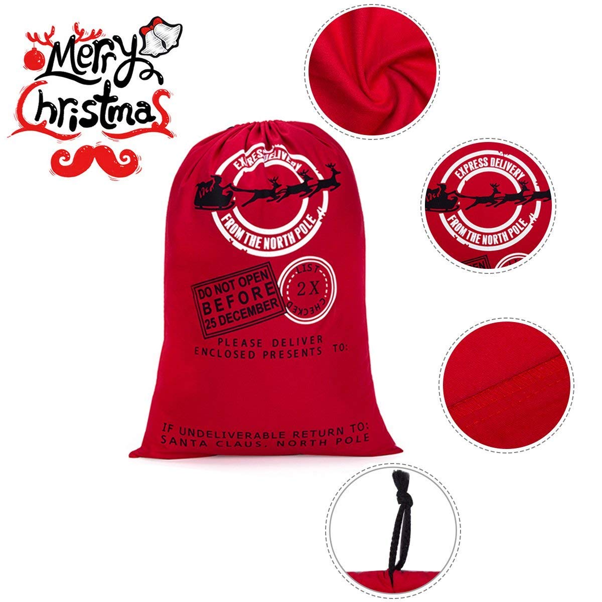 Ausein Christmas Sack Large Bag, Xmas Sacks, North Pole Mail Hessian Santa Stockings Sack, Personalised Name Space Large Storage Bags - 70 x 50 cm/ 28 x 20 inch Red