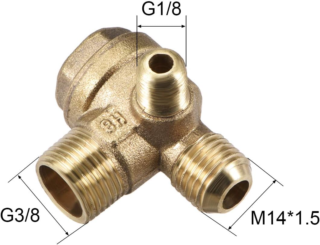 sourcing map Air Compressor Check Valve, M10xM14xPT3/8 Male Thread, 3 Way Pneumatic Accessory, Brass 2pcs - Image 3