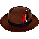 Punctualgood Wool Felt Fedora Hats for Women Men, Wide Brim Flat Top Hat Porkpie Hat, Jazz Hat with Feather Unisex