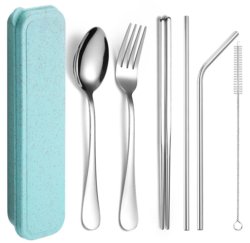 XIAOYU 6 Pieces Portable Reusable Cutlery Set, Stainless Steel Flatware Set, Travel Utensils Set, Includes Chopsticks/Fork/Spoon/Straws/Cleaning Brush, Silver