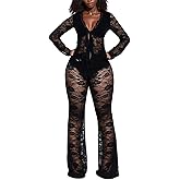 Mojessy Birthday Outfits for Women Sexy 2 Piece Outfits Clubwear Lace Long Sleeve Tie Front Cardigan Flared Pants Set