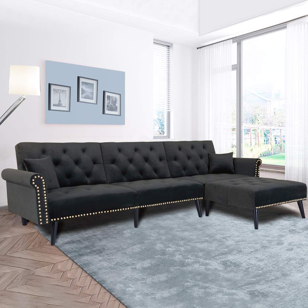 Romatlink L Shape Bed Sectional Sofa Chaise Button Tufted Couch With 2 Pillows Silver Nailhead Trim Silvertone Wood Leg Black Buy Online In Aruba At Desertcart
