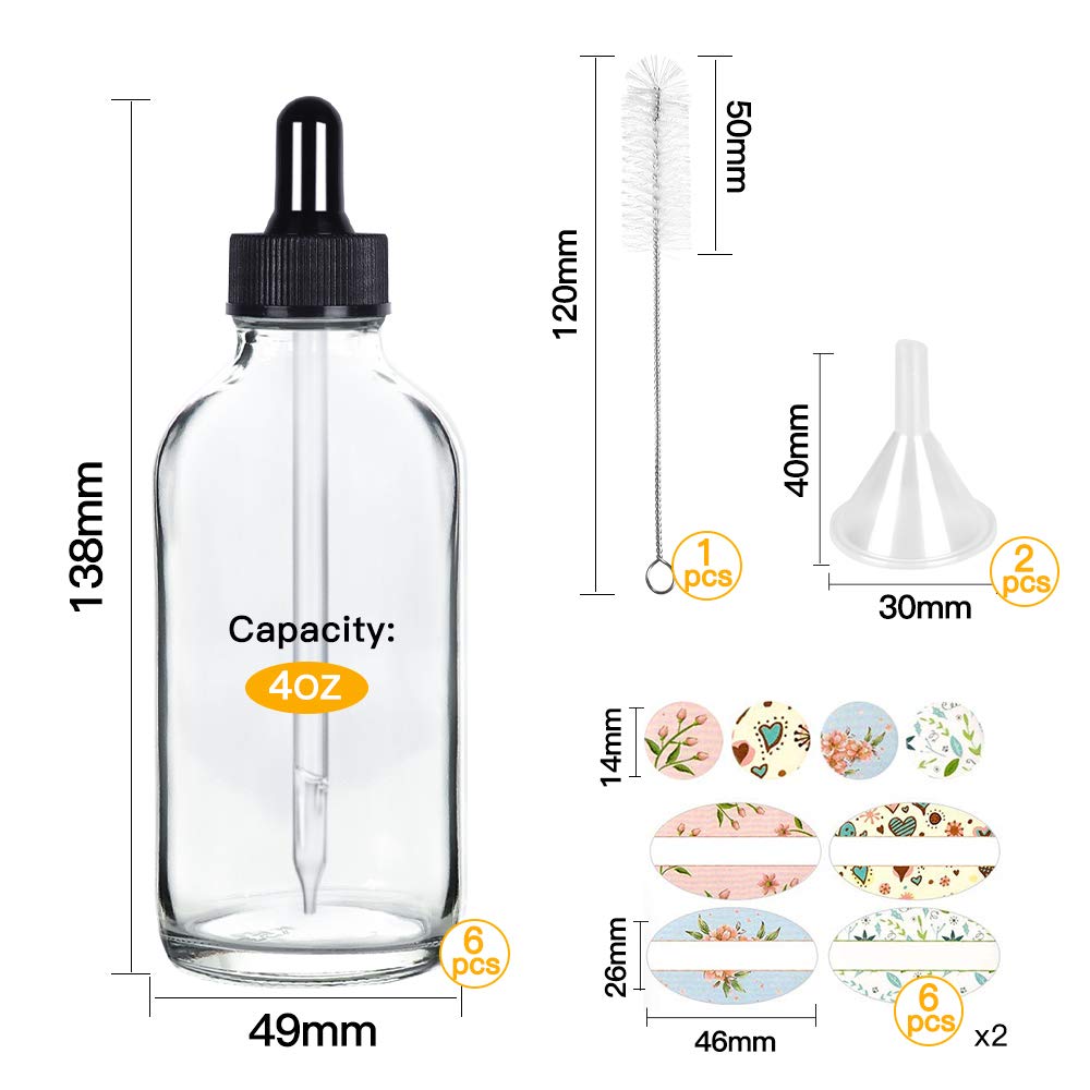 CycleMore 4oz 120ml 6 Pack Clear Glass Boston Bottles with Glass Eye Droppers, Glass Dropper Bottles for Essential Oils & Lab Chemicals & More Liquids (1 Brush, 2 Funnels and 12 Labels Included): Industrial & Scientific