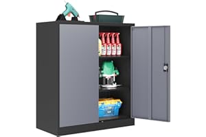 LISSIMO Metal Storage Cabinet,Locking File Cabinet with Doors and Adjustbale Shelves,Tool Steel Cabinets for Garage,Home Office,School,Gym(Grey & Black)