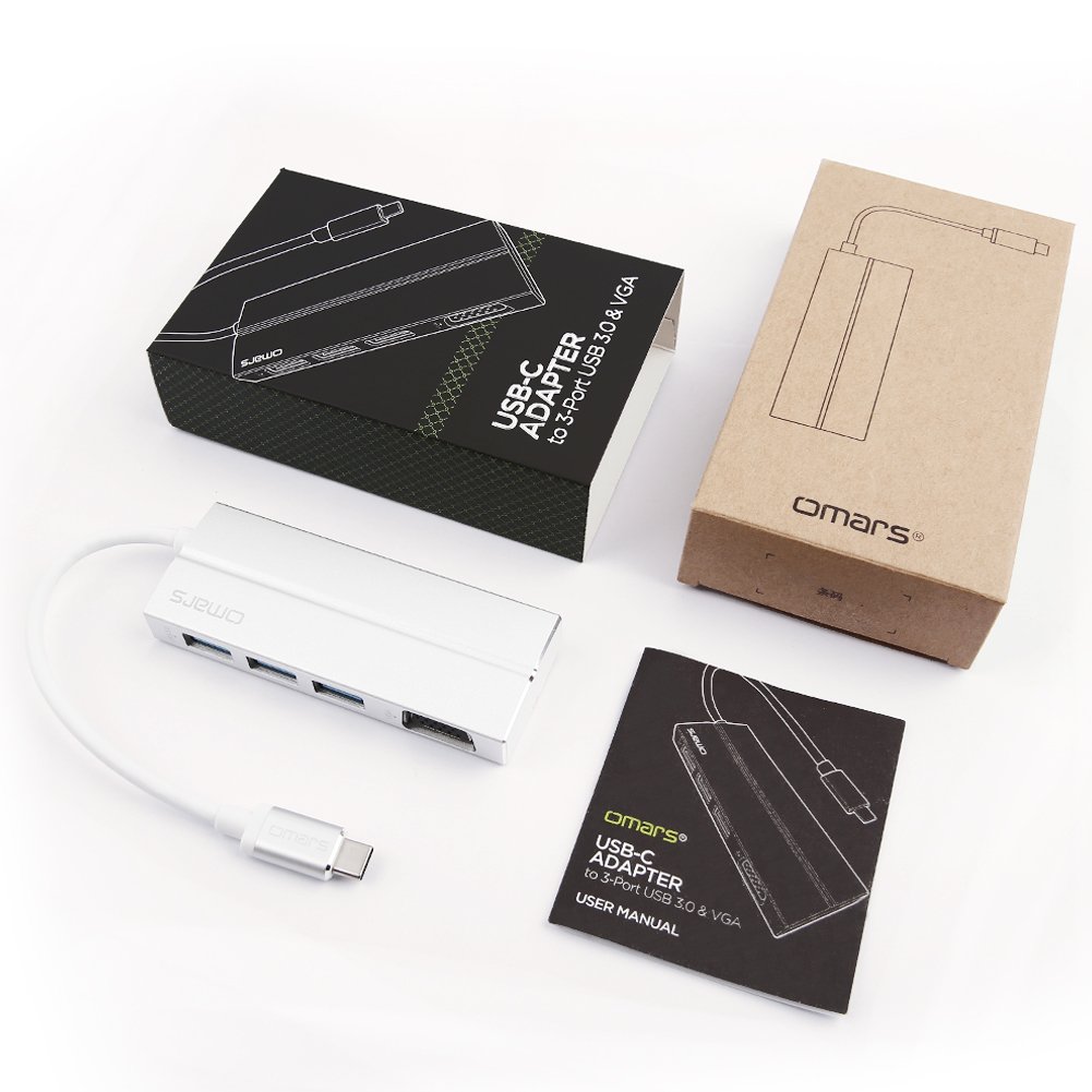 Omars USB C Hub VGA, 4-in-1 Aluminum 1080P VGA Adapter + 3 * USB 3.0 Ports for New Macbook, Macbook Pro 2016/2017, Google ChromeBook Pixel, Huawei Matebook and Other Type C Devices