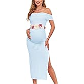 CYCLAMEN Off Shoulder Maternity Mesh Split Dress Ruched Fitted Pregnancy Dresses Baby Shower Photoshoot, Without Belt
