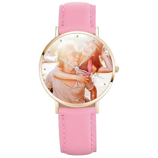 SOUFEEL Personalisierte Foto Armbanduhr für Damen Herren Analog Rosa lederarmband Klassisch Zifferblat Wasserdicht