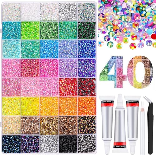ORCHID M® 40 Colors 32000Pcs Resin Jelly Rhinestones, Multicolor 3mm Flatback Gems for Diamond Art, 3Pcs 10ml B7000 Jewelry Glue for Clothes Shoes Nail Art Diamond Painting Makeup DIY