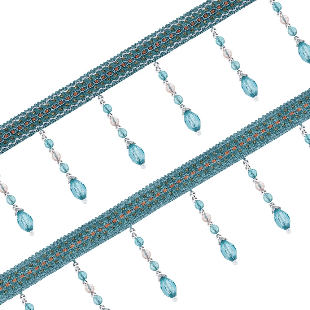 OLYCRAFT 11m Dark Cyan Braid Hanging Beads Pendant Tassel Trim 85mm Wide Decorative Beaded Fringe Trim Bead Tassel Trim Bead Polyester Fringe Trim for DIY Craft Sewing Curtain Decoration
