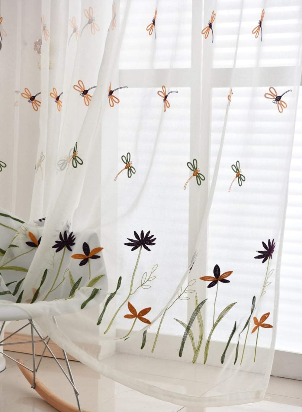 pureaqu Embroidered Dragonfly Design Rod Pocket Top Sheer Curtain Panels for Kids Room/French Door Elegant White Voile Linen Look Window Tulle Drapery for Living Room/Bedroom 1 Panel W75 x L96 Inch